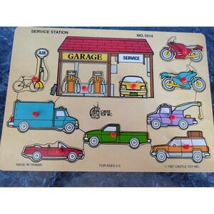 Vintage Castle Toy‎ Inc Service Station Wooden Puzzle Vehicles Garage Gas